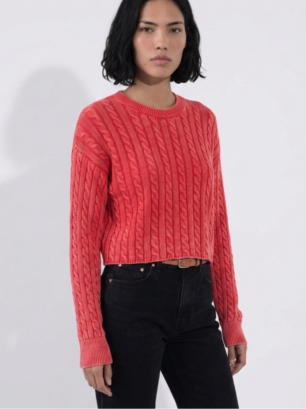 Aerie Like New Mini Cable Knit Cropped Crew Neck Sweater in Vibrant Red Medium
